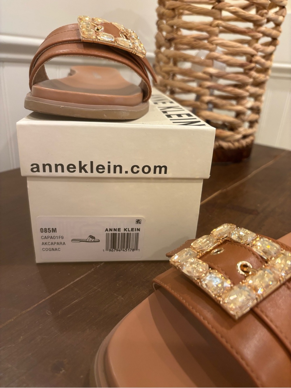 Anne Klein Cognac Jeweled Strap Slide Sandals